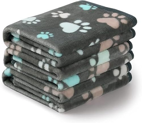 Heim & Tier® 3 er Set Decken Super Weich Fluffy Premium Fleece Haustier Decke Flanell Wurf für Hund Welpen Katze Grau Pfote (76 x 52 cm)