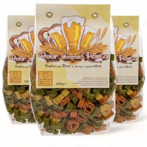 MIJOMA 3er Pack Lustiges Italienisches Pasta-Geschenk in verrückter Bierglasform, Perfektionierte Hartweizen Nudeln mit Tomate & Spinat - Originelles Mitbringsel für Biertrinker, 3x250g