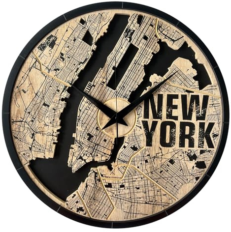STYLER Wanduhr New York 57 cm | Lautlose XXL Uhr aus Holz & Metall Made in EU – Designer Stadtplan Wanduhr ohne Tickgeräusche | Loft Modern Industrial Wanddeko