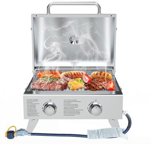 BBQCuker Portable Propane Gas Grill 2-Burner Tabletop with Foldable Legs for Outdoor Camping Cooking Two 10,000 BTU Burners Stainless Steel, and Built-in Thermometer Chef's Style