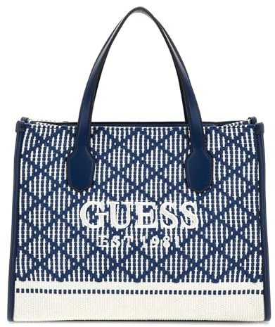 GUESS Damen Silvana Double Compartment Tote Schulranzen, Tragegriff Oben, Marineblau, Mehrfarbig