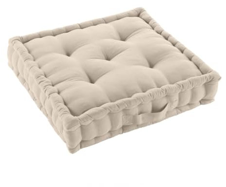 Acomoda Textil – Cojín de Suelo Acolchado con Asa de Transporte. Cojines para Palets, Banco, Silla y Suelo, Asiento Cómodo Decorativo para Interior y Exterior. (Beige, 50x50cm, 1 Unidad)