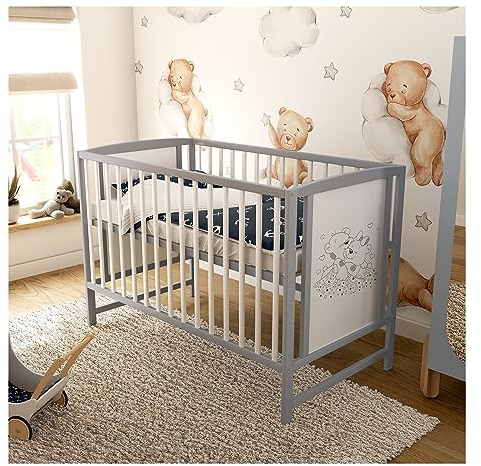 Generisch Baby Delux Babybett 60x120 weiß Kinderbett mit Aloe Vera Matratze höhenverstellbar mit Schlupfsprossen (Mia grau)