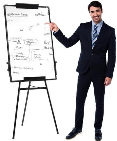OHMG Präsentations-Staffelei, 60 x 90 cm, Konferenzstaffelei, abwischbares Whiteboard, Tafel mit beweglichen Blättern, abwischbar & magnetisch, Whiteboard, Paperboard-Set