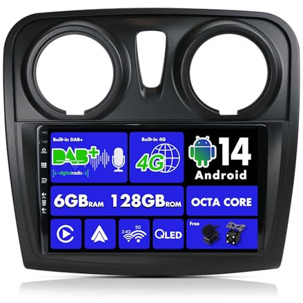 SXAUTO Android 14 [Built-in 4G LTE & DAB] - 6G+128G -Autoradio für Dacia - Sandero (2012-2017) - Dual Band WiFi - CarPlay Android Auto - Kamera + MIC - DSP Lenkradsteuerung - QLED 9 Zoll 2 Din 8-Core