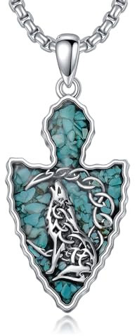 enjoylifecreative Keltischer Wolf Mond Halskette für Herren 925 Sterling Silber Pfeil Türkis Kette Pfeilspitzen Wolf Anhänger Schmuck Geschenk für Männer Jungen Wolfsliebhaber