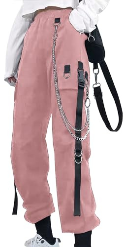 YINGWIN Pantalon cargo pour femme avec chaîne de pantalon gothique Y2k Techwear, Rose, L