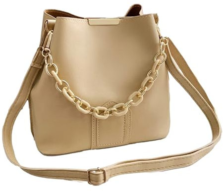 SHOOYIO Elegante einfarbige Kunstleder-Eimertasche mit Kettengriff für Damen, verstellbarer Riemen, einfache Umhängetasche