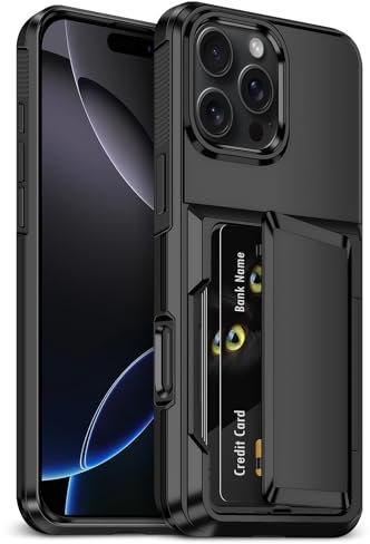 Aolcev for iPhone 16 Pro Case with Card Holder [Max 4 Cards] Heavy Duty Protective Shockproof Dual Layer Hard PC Soft TPU Bumper Hidden Card Slot Wallet Case Cover for iPhone 16 Pro Phone Case-Black
