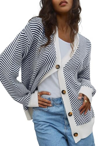 Dokotoo Strickjacken Damen Langarm V-Ausschnitt Streifen Strickjacke Herbst Elegant Kurz Strickpullover Knopfleiste Open Front Strick Pullover Cardigan Baumwolle Sweater Blau XL