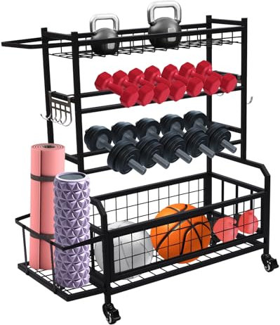 Hantelständer aus Stahl Dumbbells Regal mit 4 Rädern Multifunktionaler Kurzhantelständer für Hanteln Yoga Matte Faszienrolle Kettlebell und Yoga Block