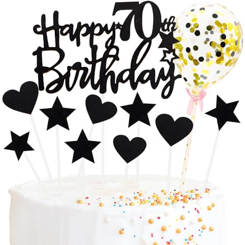 Tortendeko 70 Geburtstag Frau Mann, Schwarz Happy Birthday Cake Topper Geburtstag mit Konfetti Luftballon, Glitzer DIY Geburtstagskuchen Deko, Happy Birthday Kuchen Deko 70 Jahre Geburtstag