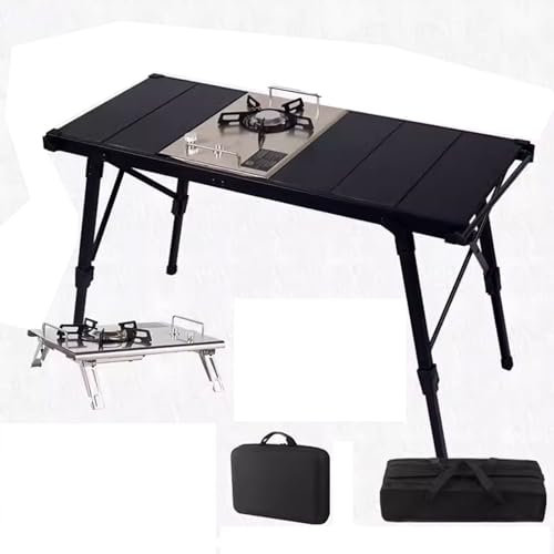 Mesa de camping plegable de aluminio portátil con altura ajustable y estufa IGT ideal para pícnics fiestas y banquetes (plata)