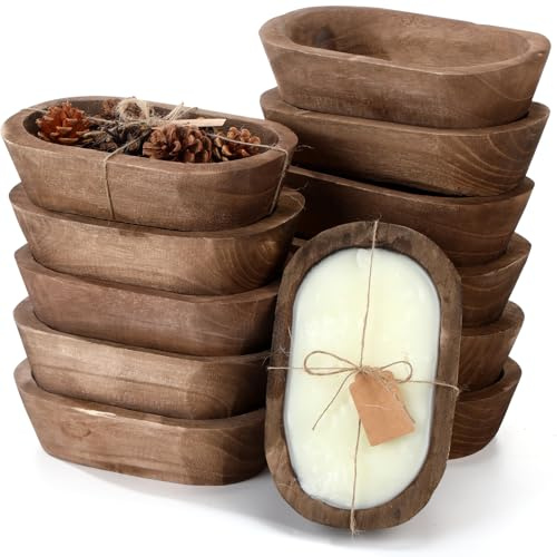 Tioncy 12 cuencos de madera para hacer velas, cuencos de madera decorativos rústicos a granel para decoración tallada a mano decoraciones de madera de paulownia con tarjetas para alimentos, pan,