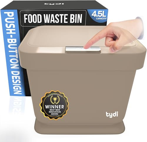 Tydi 4.5L Food Waste Bin with Press-Button Lid – Compost Bins for Kitchen - Anti-Slip Base and Secure Lid Kitchen Compost – Small Indoor Caddy for Cupboard or Countertop – Taupe