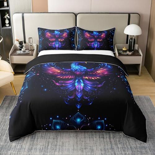 Teal Phoenix 100% Baumwolle Bettbezug 135x200,Glitter Ombre Mystical Bird Bettwäsche Set,Magische Safari Tier Bettbezug,Graceful Bird Wildlife Tröster für Schlafzimmer Dekor,Reversible