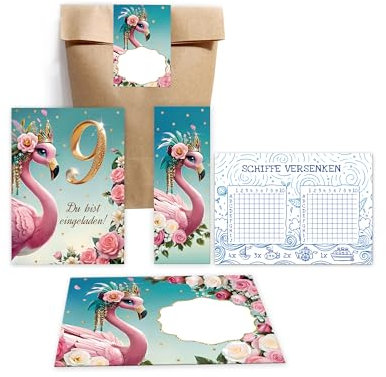 8 Einladungskarten zum 9. Kindergeburtstag Mädchen Flamingo bunte Einladungen neunte Geburtstag Mädchengeburtstag incl. 8 Umschläge, 8 Tüten/natur, 8 Aufkleber, 8 Lesezeichen, 8 Schiffe versenken