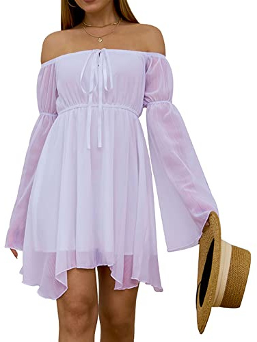 FDKLOOK Off Shoulder Dress for Womens Bell Sleeve Lace-Up Irregular Chiffon Long Sleeve Casual Mini Fairy Dress Purple S