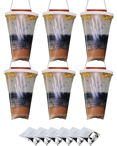 SGZIOO 6 Pack Fly Traps Bag, Disposable Fly Catcher Outdoor, Hanging Red Top - fly Trap Catcher with Bait, Non-Toxic fly Killer Bag for Outdoor Garden, Farm, Horse Barn and Ranch