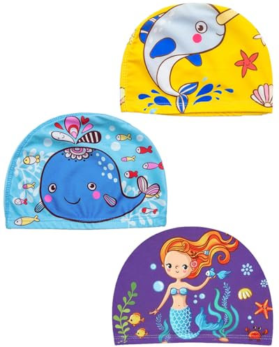 TPZORJX Cuffia Piscina Bambino,3 Pezzi Cuffie da Nuoto per Bambini Cuffia da Bagno in Poliestere Elastico Cuffie da Nuoto di Cartoon per Rragazzi e ragazze di età compresa tra 1 e 11 Anni