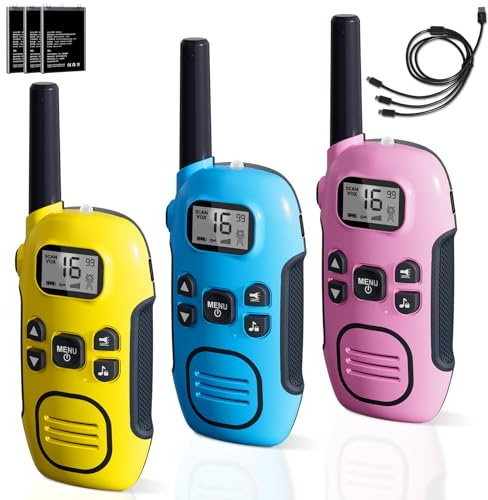 DURLK Walkie Talkie Bambini Ricaricabili, 3 Pezzi Talkie Walkie Portata Fino a 3 KM, VOX, Torcia LED e 16 Canali - Ideale per Esterni Campeggio Escursionismo, Regalo per Ragazzi e Bambine di 3-12 Anni