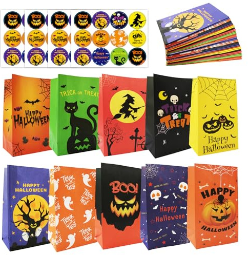 PartyYaa Halloween Candy Tüten, 40 Stück Papiertüten mit Stickern für Leckereien, Halloween Party Tüten für Süßes oder Saures, Mini Geschenksäcke Party Zubehör für Kinder