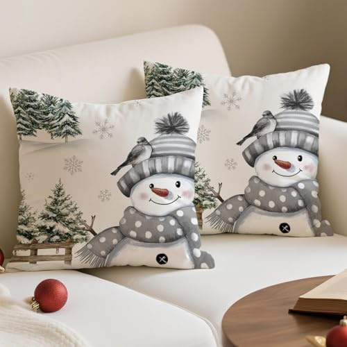 Avalune Kissenbezug 40x40 Weihnachten Grau Schneemann Kissen Kissenbezüge Grün Weihnachtsbaum Weihnachtskissen Bezüge Winter Weihnachts Kissenhüllen Weihnachtskissenbezug für Wohnzimmer Deko 2er Set