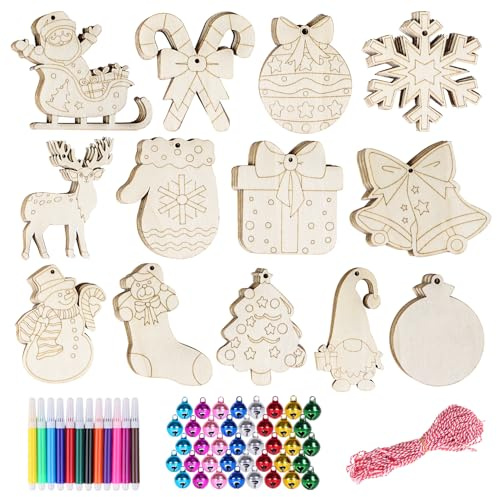 Herbbree 52pcs Wooden Christmas Decorations Set - 13 Shapes Wooden Baubles with Holes, Unfinished Wood Slices for Kids DIY Crafts Christmas Hanging Ornament, Holiday Decor
