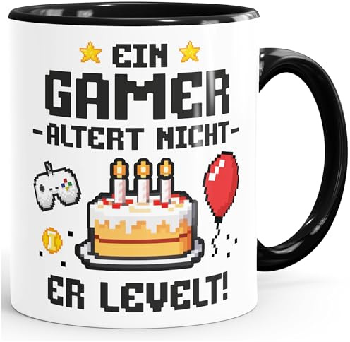 MoonWorks® Kaffee-Tasse Ein Gamer altert nicht Geschenkidee Nerd | Lustige Geburtstags-Tasse für Zocker Weiss-innen-schwarz standard
