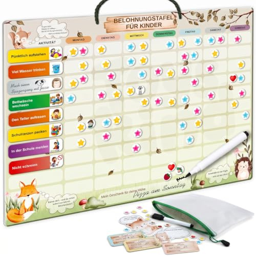 Toys Kind Belohnungstafel Kinder XXL-Set mit 3 Stiften & Tasche [100 Aufgaben + 355 Magnete] Belohnungssystem für Verantwortung - ADHS Hilfsmittel - Family Plan, Montessori Magnettafel, Wochenplaner
