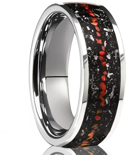 Ayoiow Eheringe Wolfram Paar für Herren, Geschmiedet und mit roter Opal-Einlage Partnerringe aus Wolfram für Ihn Wolframstahl Kein Edelstein Silber Schwarz Größe 57 (18.1)