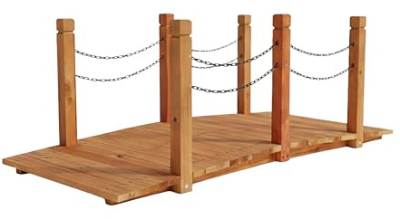 Relaxdays Garten Brücke, Pfosten mit Ketten, Tannenholz, für Gartenteich, HxBxT: 55 x 150 x 67 cm, Holzbrücke, orange