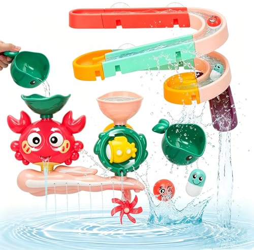 Badewannenspielzeug,16 STK Kugelbahn Badespielzeug, DIY Murmelbahn Badewannen Spielzeug mit Saugnäpfe, Krabben-Drehung Badespielzeug für Kinder, Lernspielzeug Geschenk für Baby Geburtstag ( Rot )