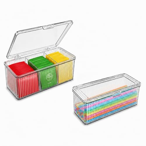 Raoletin 2 Size Clear Straw Plastic Holder for Cupboard, Dustproof Adjustable Coffee Bar Accessories Organizer for Straws, Coffee Capsules and Packets, Stackable Tea Bag Storage Organiser