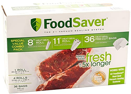 FoodSaver B005SIQKR6 Special Value Vacuum Seal Combo Pack 1-8 4-11 Rolls 36 Pre-Cut Bags, 1Pack, Clear