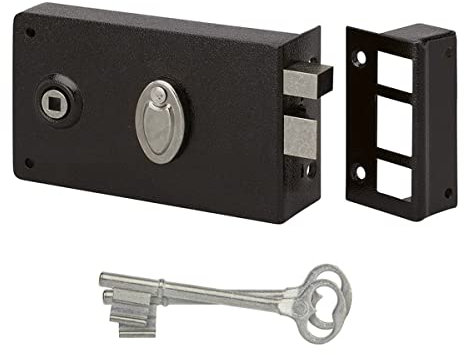 METALUX série 603 - Serrure en applique noire Droite horizontale 1 point pêne dormant 1/2 tour avec clé L et gâche 140x80mm