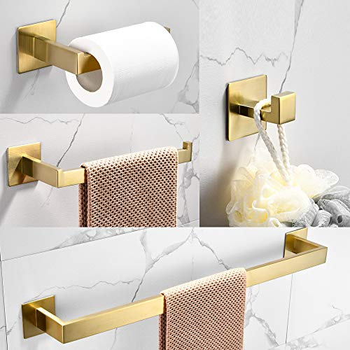 WOMAO Toilettenrollenhalter Set Gold, Ohne Bohren Handtuchhalter Selbstklebend Kleiderhaken Gebürstet Handtuchring Edelstahl Badezimmer Zubehör Set 4 Stück