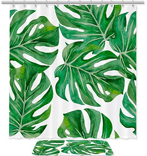 Eslifey Monstera Palm Leaves Duschvorhang 183 x 183 cm wasserdicht Badezimmer dekorativer Bereich Teppich 50,8 x 81,3 cm
