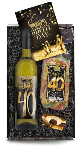 Bull & Bear Geschenkbox Happy Birthday 40, Set mit Weisswein und Geburtstagskarte, Geschenk zum 40. Geburtstag