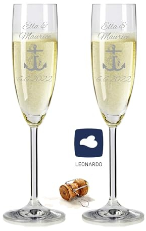 laser-diele 2 Leonardo Sektgläser mit Gravur - Geschenk zur Hochzeit - Graviert mit Namen und Datum - Sekt Anker