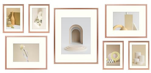 Frametory, Aluminum Picture Frames Set of 7 - Rose Gold Gallery Wall Kit - Displays One 11x14, Two 8x10, and Four 5x7 inch Photos for Home Decoration