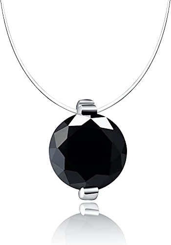 Bo&Pao Kette Damen durchsichtig mit Stein, schwebender Stein Nylon Kette transparent, 38 cm, schwarz