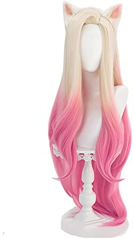KDA Baddest Ahri Cosplay Perücken LOL KDA Cosplay Blonde Mixed Pink Perücken mit Ohren Hitzebeständiges Kunsthaar Spiel Cos