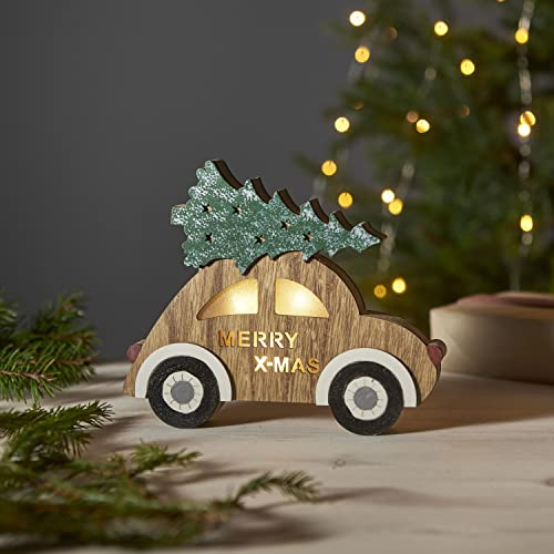LED Weihnachtsdeko Billy von Star Trading, Auto mit Weihnachtsbaum aus Holz mit Beleuchtung und Timer, warmweiß, batteriebetrieben, Länge: 20 cm
