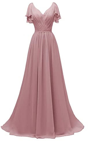 N/ C Robe de demoiselle d'honneur à manches volantées et col en V en mousseline de soie, vieux rose, 52