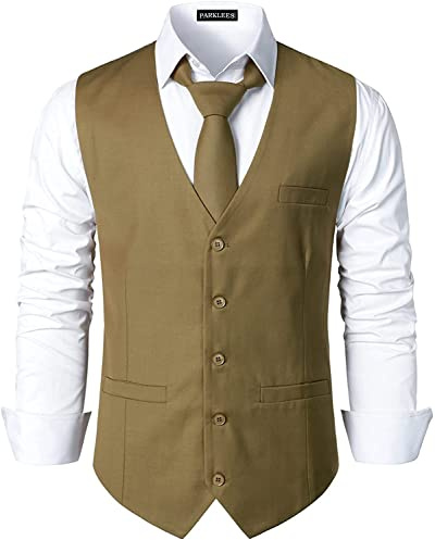 PARKLEES Men's Hipster Urban Design Business Formal Waistcoat Slim Fit Suit Tuxedo Dress Vest Khaki Green M