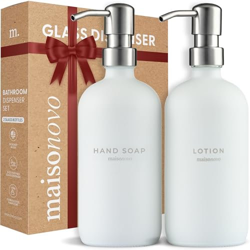 MaisoNovo Bathroom Soap and Lotion Dispenser Set of 2, 500ml White Glass Soap Dispenser Sliver Pumps With Labels