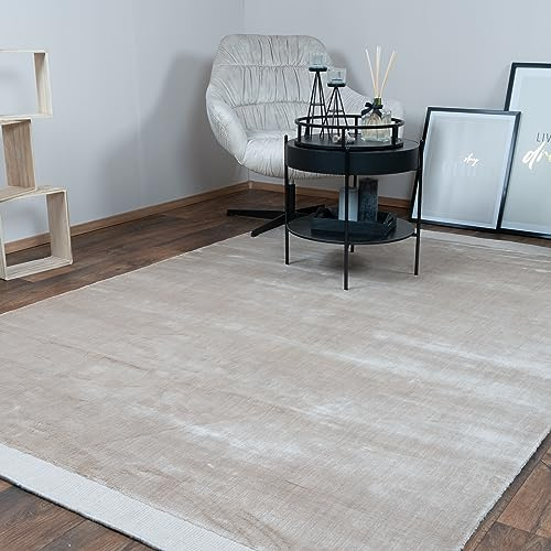 Consilio Concept 200 x 290 Teppich Wohnzimmer Beige luxuriös Viskose Seidenglanz moderner Wohnzimmerteppich weich Soft Luxus Zertifiziert Made in Germany Design Manufaktur Markenteppich Oeko TEX