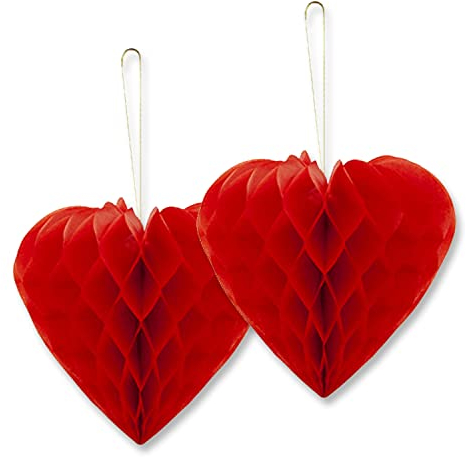 AKH® Rote Waben-Liebesherz, 23 cm, 2 Stück, zum Aufhängen, Papier, Valentinstag, rote Hänge-Herzen, Pompons für Hochzeit, Valentinstag, Jahrestag, Partyzubehör