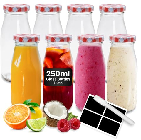 volila Glass Milk Bottles with Lids - 4 Pack x 250ml Glass Bottles with Lids, Labels, and Pen - Reusable Milk Bottle for Juices, Dressings, Sauces, Beverages, Decoration and Storage (Gold Lid)